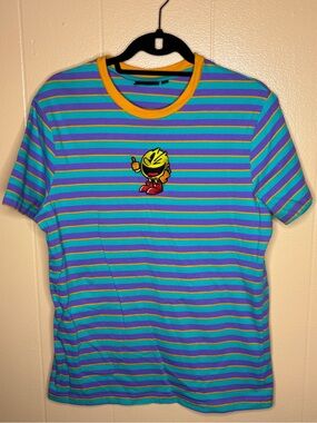 Men's Blue & Green Striped Short Sleeve Crewneck Tee with Yellow Trim